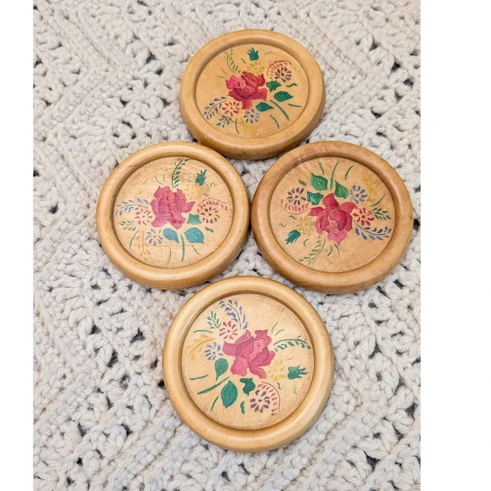 Vintage Hand Painted Wooden Coasters Set 4 Floral Rose Folk Art Cottagecore